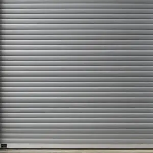 Closed metallic roller garage door.
