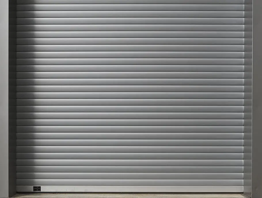 Closed metallic roller garage door.